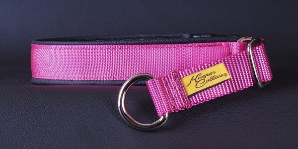 1 Inch Mamba Collar Dk. Pink Web with Black Leather and Chrome Hardware