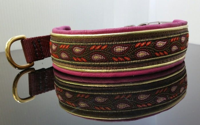 1 Inch Double Leather Collar Gold and Pink Leaves on Brown Web with Gold and Dk. Pink Leather and Brass Hardware Keeper Collars