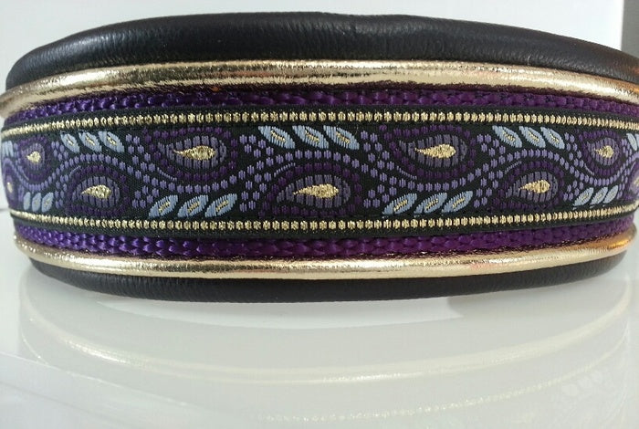 1 Inch Double Leather Collar Gold and Purple Leaves on Purple Web with Metallic Gold and Black Leather and Brass Hardawre
