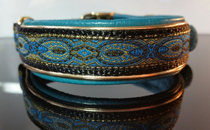 3/4 Inch Double Leather Collar Blue Konta on Black Web with Metallic Gold and Teal Leather and Brass Hardware