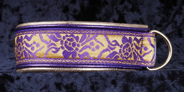 1 1/2 Inch Double Leather Collar Gold & Purple Rose on Purple Web with Metallic Purple and Metallic Gold Leathers with Brass Hardware