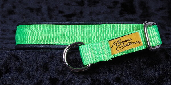 3/4 Inch Mamba Collar Lime Green Web with Black Leather and Chrome Hardware