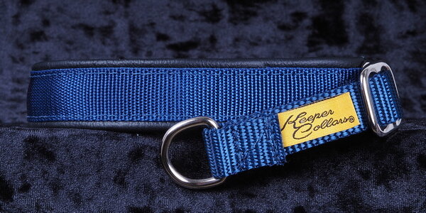 3/4 Inch Mamba Collar Navy Blue Web with Black Leather and Chrome Hardware