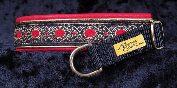 1 Inch Double Leather Collar Gold with Red Medallion on Black Web with Metallic Gold and Red Leather and Brass Hardware