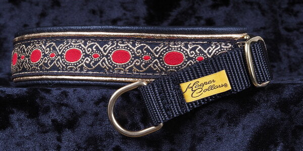 1 Inch Double Leather Collar Gold with Red Medallion on Black Web with Metallic Gold and Black Leather and Brass Hardware