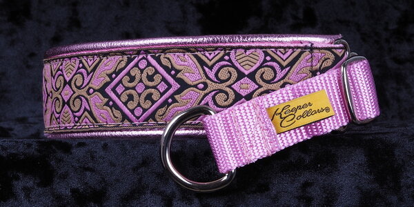 1 1/2 Inch Collar Pink and Tan Whale Tail on Lt. Pink Web with Metallic Lt. Pink Leather and Chrome Hardware