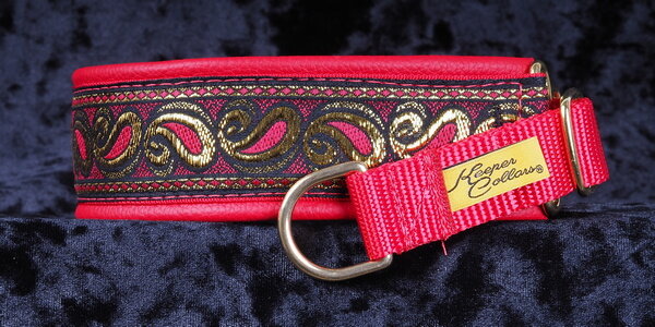 1 1/2 Inch Collar Gold and Red Paisley on Red Web with Red Leather and Brass Hardware