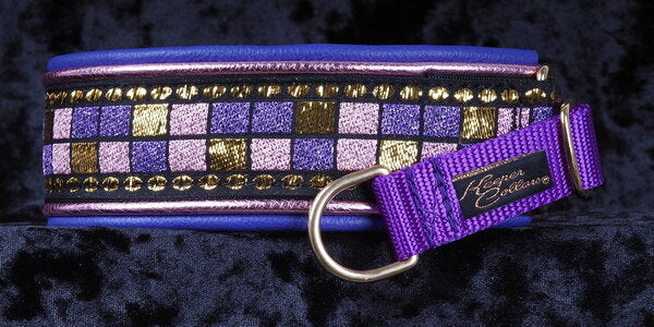 1 1/2 Inch Double Leather Collar Gold, Pink and Purple Squares on Black Web and Purple Tug with Metallic Light Pink and Purple Leathers and Brass Hardware