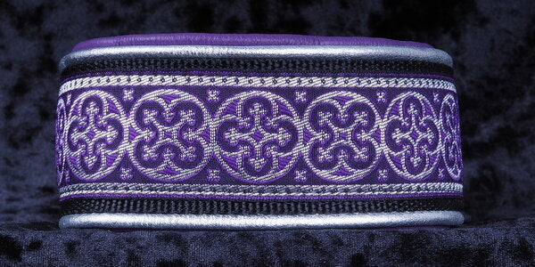 2 Inch Double Leather Collar Silver and Purple Shields on Black Web with Metallic Silver and Purple Leather and Chrome Hardware