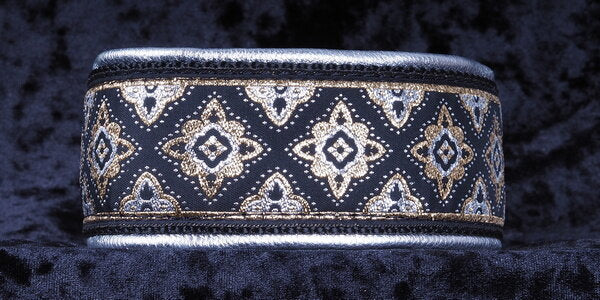 2 Inch Collar Gold, Silver and Black Amarvati on Black Web with Metallic Silver Leather and Chrome Hardware Keeper Collars