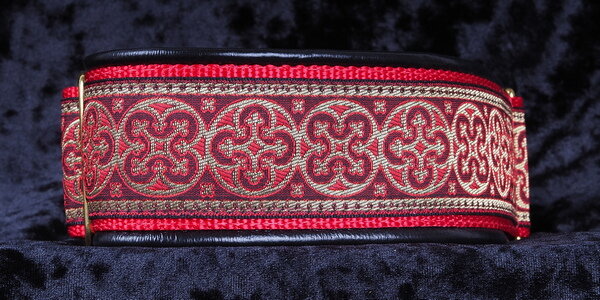 2 Inch Collar Gold and Red Shields on Red Web with Black Leather and Brass Hardware