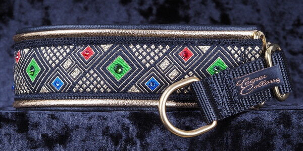 1 1/2 Inch Double Leather Swarovski Crystal Collar Gold, Red, Blue and Green Chiclets on Black Web with Metallic Gold and Black Leather and Brass Hardware