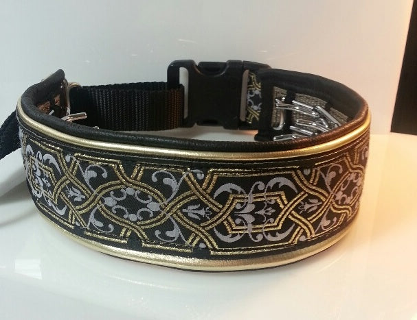 1 1/2 Inch Double Leather Collar Gold and White Filigree on Black Web with Metallic Gold and Black Leather and Brass Hardware