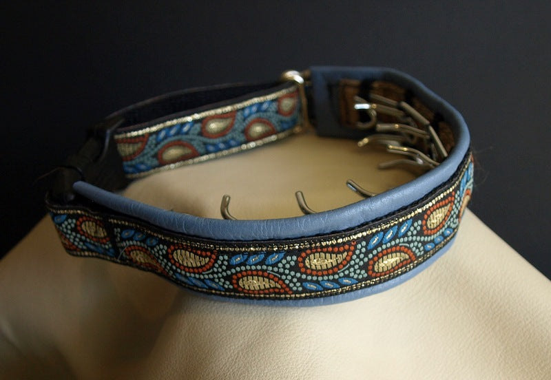 3/4 Inch Collar Blue, Rust and Gold Leaves on Black Web with Lt. Blue Leather and Brass Hardware