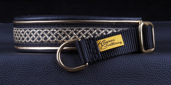 1 Inch Double Leather Collar Gold Celtic Knot on Black Web with Metallic Gold and Black Leather and Brass Hardware Keeper Collars