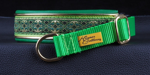 1 Inch Double Leather Collar Gold and Green Diamonds on Lime Web with Metallic Gold and Green Leather and Brass Hardware Keeper Collars