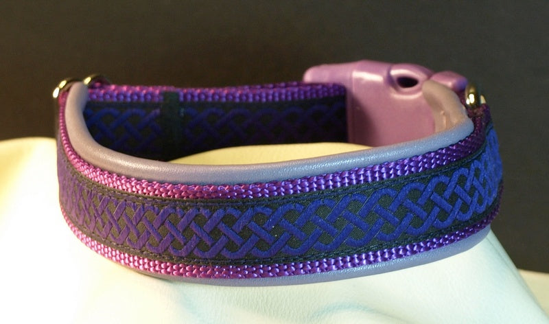 1 Inch Collar Purple Celtic Knot  on Purple Web with Lavender Leather and Chrome Hardware Keeper Collars