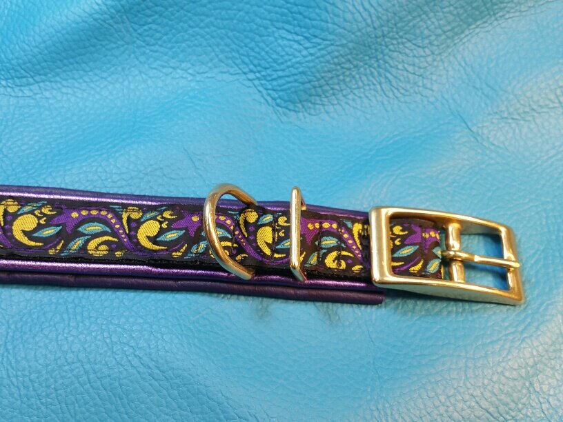 1 Inch Double Leather Collar Purple Reign on Purple Web with Metallic Purple and Purple Leather and Brass Hardware
