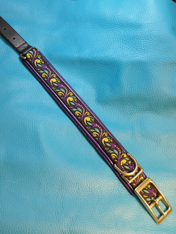 1 Inch Double Leather Collar Purple Reign on Purple Web with Metallic Purple and Purple Leather and Brass Hardware