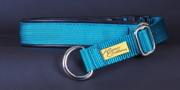 1 Inch Mamba Collar Teal Web with Black Leather and Chrome Hardware