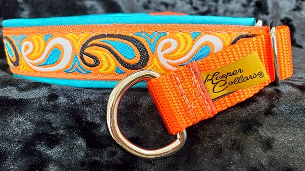 1 Inch Collar White and Black Paisley with Orange and Teal on Orange Web with Teal Leather and Chrome Hardware